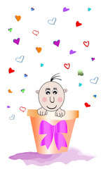Bebé metido en maceta y corazones