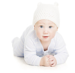 Baby Boy Portrait, Little Kid Crawling In Wolen Child Hat