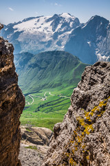 summer view of Sass Pordoi mount and Fassa Valley, Italian Dolim