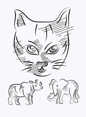 Cat-elephant-rhinoceros sketch, art vector drawing