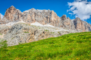 Panorama of Sella mountain range from Sella pass, Dolomites, Ita