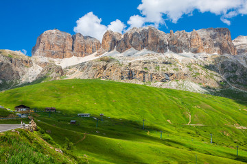 Panorama of Sella mountain range from Sella pass, Dolomites, Ita