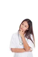 Young Asian female doctor thinking hand on chin