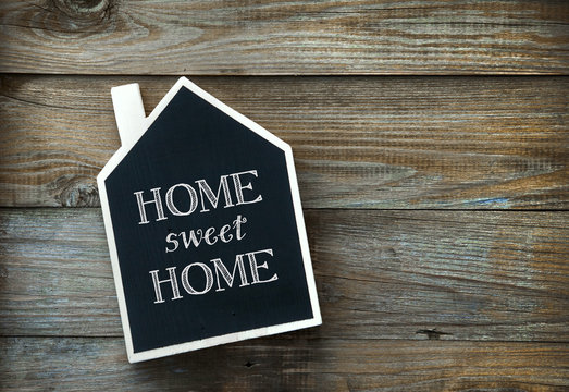 House Shaped Chalkboard sign Home sweet Home on rustic wood