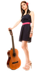 Music lover, summer girl with guitar isolated