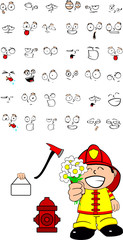 firefighter kid cartoon set with flowers
