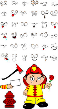 firefighter kid cartoon set with a rose