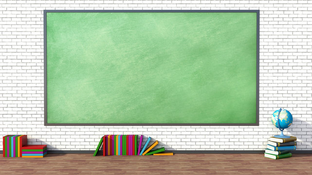 classroom with green blackboard against brick wall