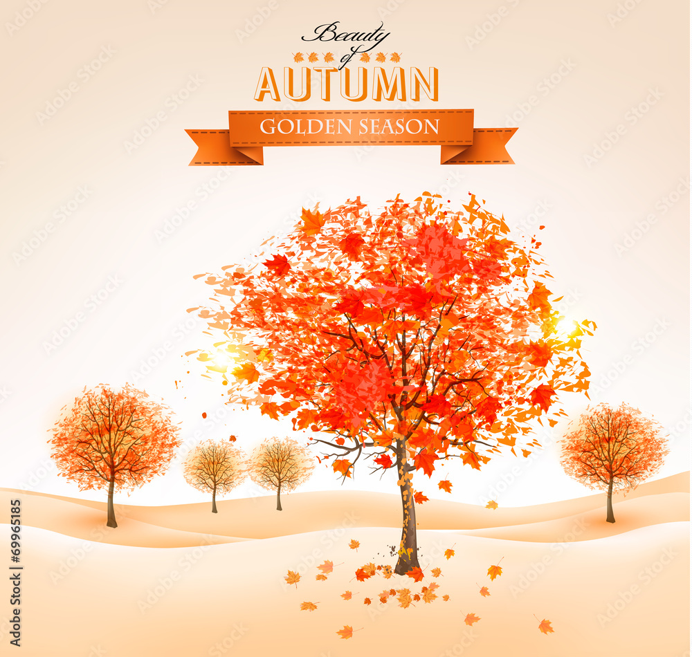 Poster autumn background with colorful leaves and trees. vector illustr