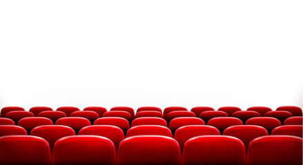 Rows of red cinema or theater seats in front of white blank scre - obrazy, fototapety, plakaty