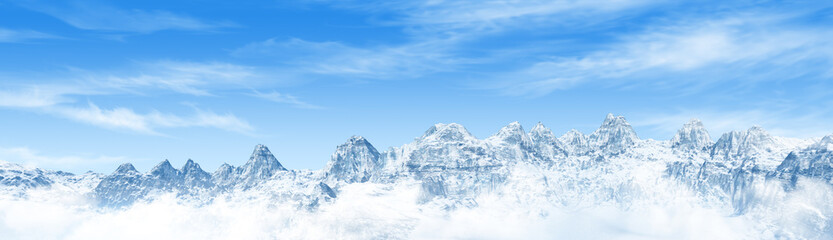 Fototapeta na wymiar Panorama of Snow Mountain Range Landscape with Blue Sky. 3d render