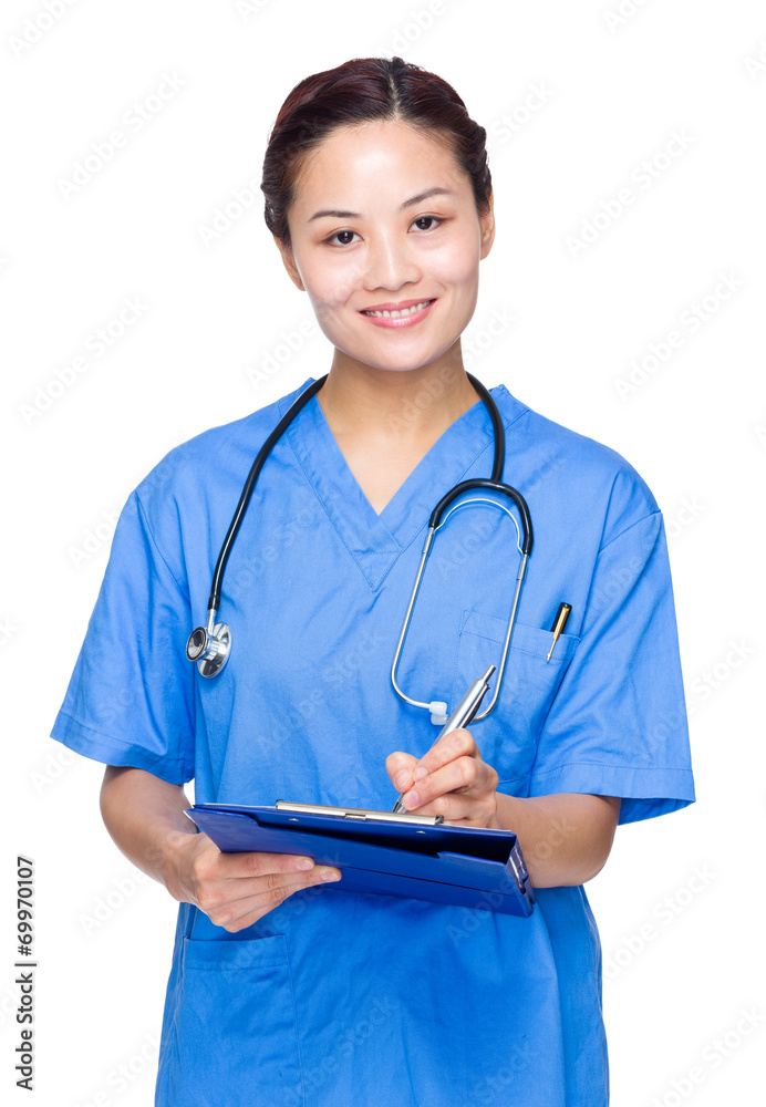 Poster Female doctor write on clipboard