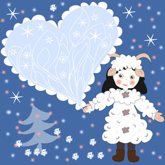 Holiday card, a girl dressed as a sheep with heart