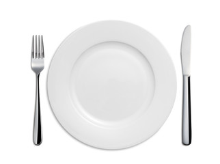 Dinner Plate, Knife and Fork on white background