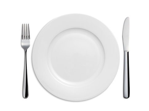 Dinner Plate, Knife and Fork on white background