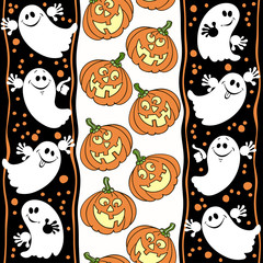 Halloween seamless background with ghosts and pumpkins.