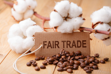 Fair Trade - Handel - Schild mit Baumwolle und Kaffee