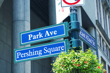 Park Avenue Pershing Square street signs in New York