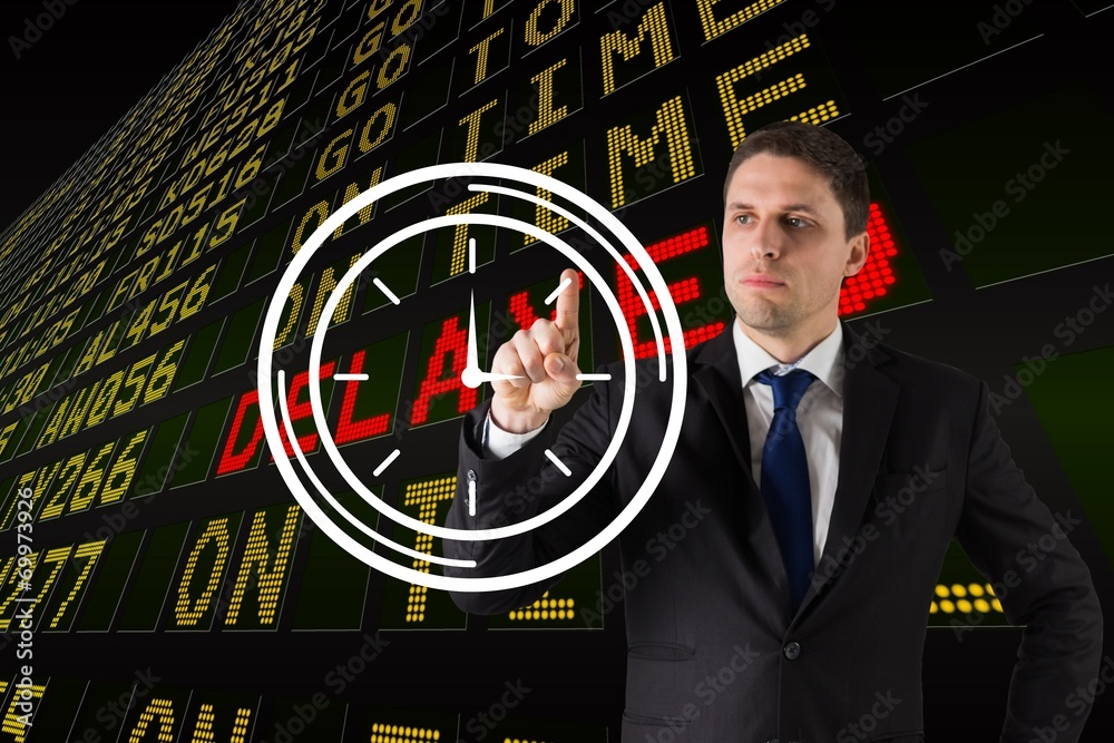 Poster composite image of businessman standing and pointing