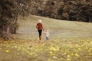 Fototapeta premium Silhouette of mom and baby in autumn day, happy family walking