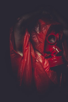 industrial nuclear concept, man with red gas mask