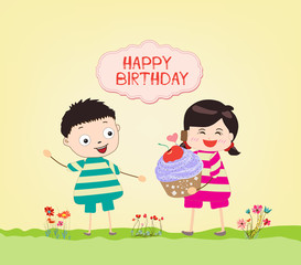 Happy Birthday card with kids and cupcakes