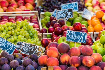 Fresh fruits on a farm market in Copenhagen, Denmark.