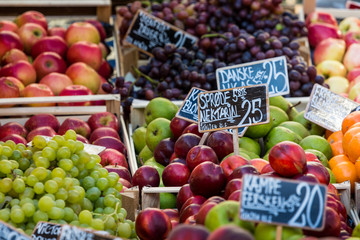 Fresh fruits on a farm market in Copenhagen, Denmark.