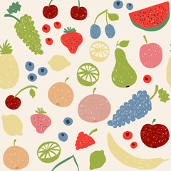 Doodle fruits seamless pattern in retro colors