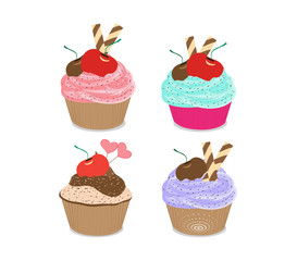 Set of delicious cupcakes isolated on white background