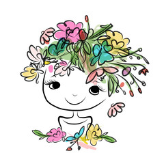 Female portrait with floral hairstyle for your design