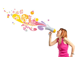 Redhead girl shouting with a megaphone over white background .