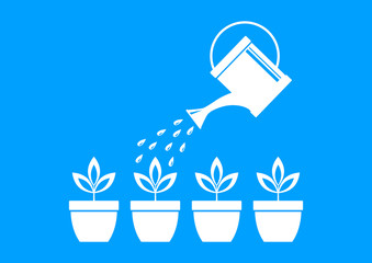 White watering can and plants on blue background