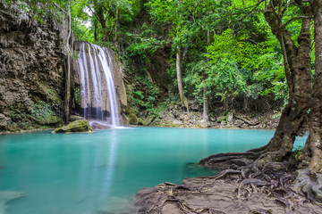 Beautiful deep forest waterfall of Erawan waterfall in Kanchabur