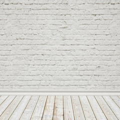 white painted brick wall and vintage wooden floor