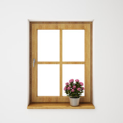 wooden window frame with flowerpot