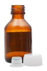 side view of empty brown glass pharmacy bottle