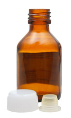 side view of empty amber glass pharmacy bottle