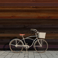 retro bicycle with basket in front of the colorful wooden wall