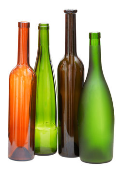 colored empty open wine bottles isolated