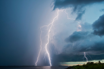 Thunderstorm lightnings in sky, lightning strikes - obrazy, fototapety, plakaty