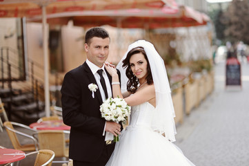 Happy bride and groom on their wedding