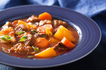 beef stew with potato and carrot in blue plate
