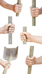 set of worker hand holds old shovel