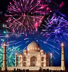 Fotobehang Festive fireworks over Taj Mahal, India © Konstantin Kulikov