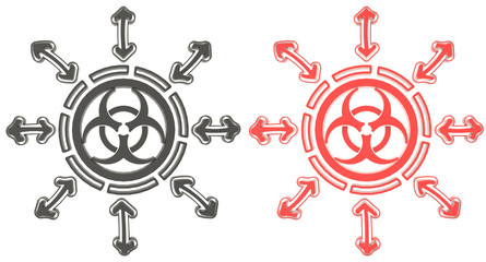 Obraz premium 3D Red and black circle biohazard radiation symbol in isolated b