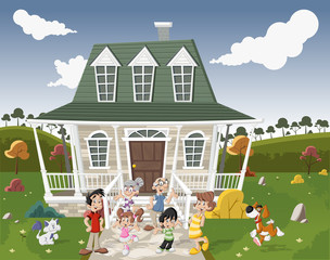 Obraz na płótnie Canvas Cartoon family with pets in front of a country house