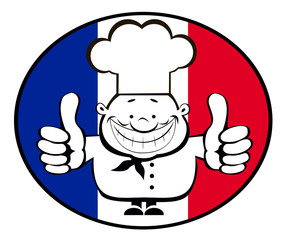 Smiling cartoon chef showing thumbs up. France