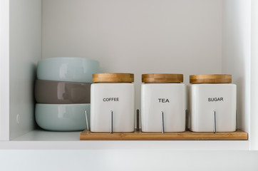 sugar tea and coffee bowl in pantry shelf