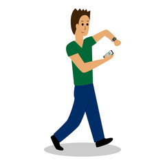 A man walking with a smartphone and a smartwatch